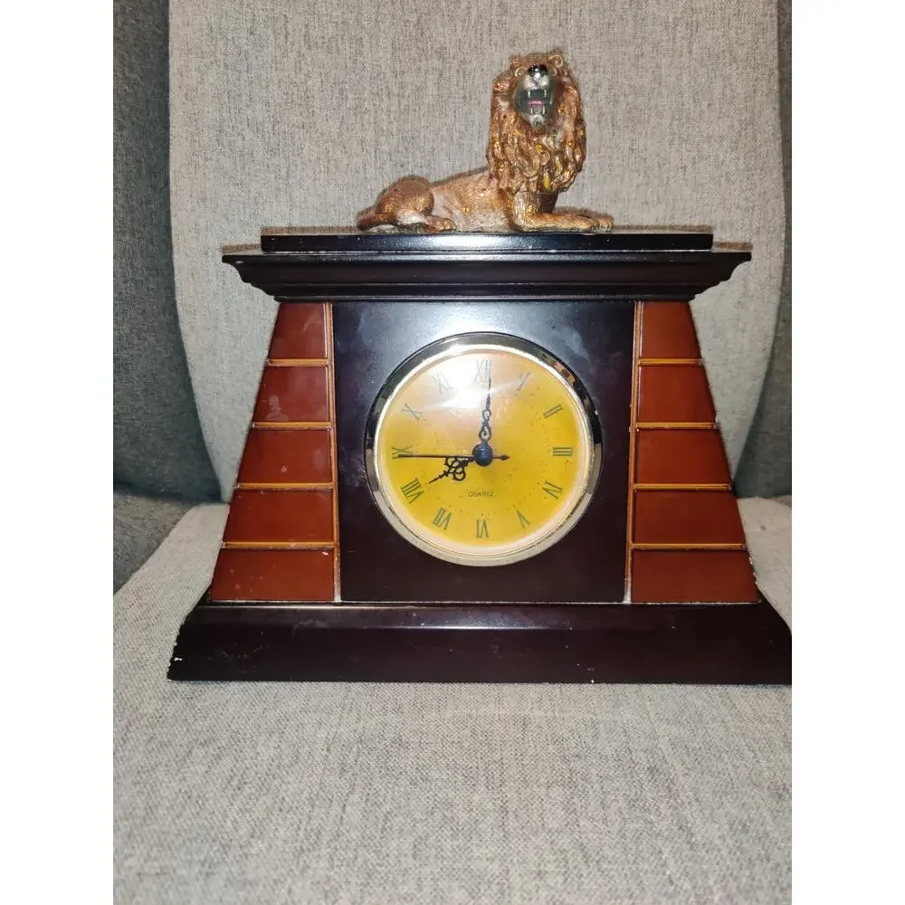 Vintage Wood Mantle Lion Clock Decorative Piece Only Clock Does Not Function